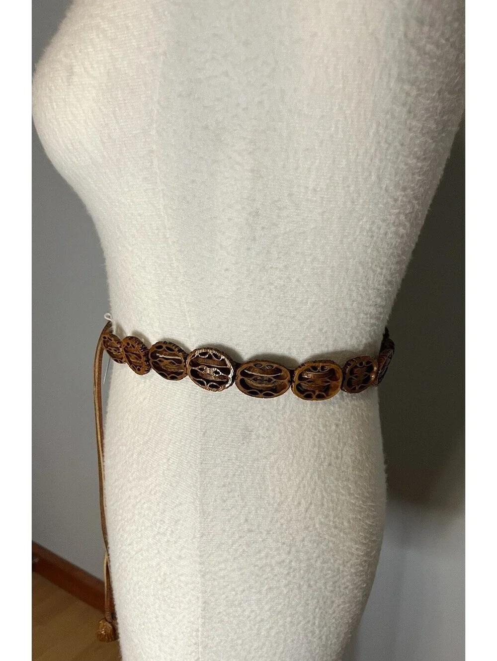 Vintage 1970s Leather tie belt handcrafted black walnut shells 57” Boho Hippie